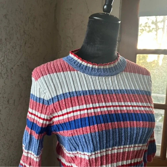🦋 H&M Striped Red, White & Blue Crew Neck Fitted 3/4 Sleeve Cropped Sweater - Picture 8 of 10